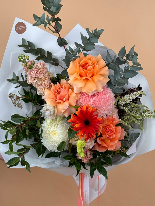 Peachy Bunch-Flower-Delivery-Gold-Coast-Florist-Flowers Gold Coast-Beautifully Wrapped-Mini-https://www.flowersgoldcoast.com.au-best-florist