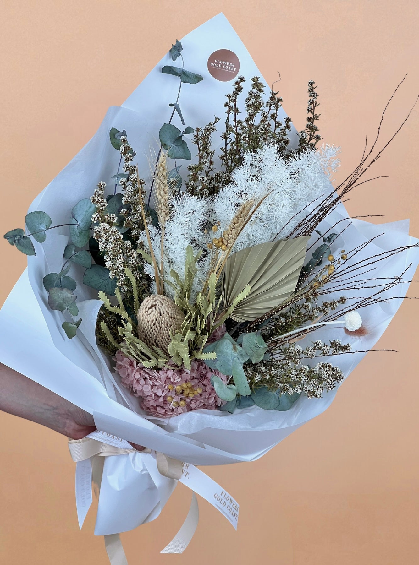 Dried Florist’s Choice Bouquet-Flower-Delivery-Gold-Coast-Florist-Flowers Gold Coast-Beautifully Wrapped-Classique-White-https://www.flowersgoldcoast.com.au-best-florist