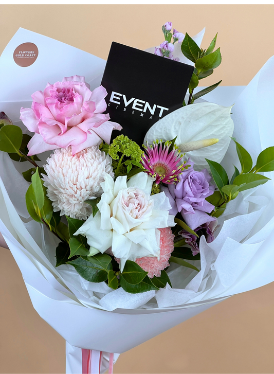 Flowers and a Movie-Flower-Delivery-Gold-Coast-Florist-Flowers Gold Coast-Beautifully Wrapped-Mini-White & Greens-https://www.flowersgoldcoast.com.au-best-florist